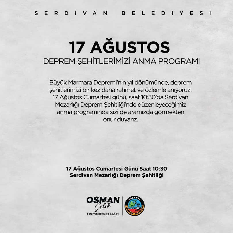 Başkan Çelik'ten 17 Ağustos Mesajı