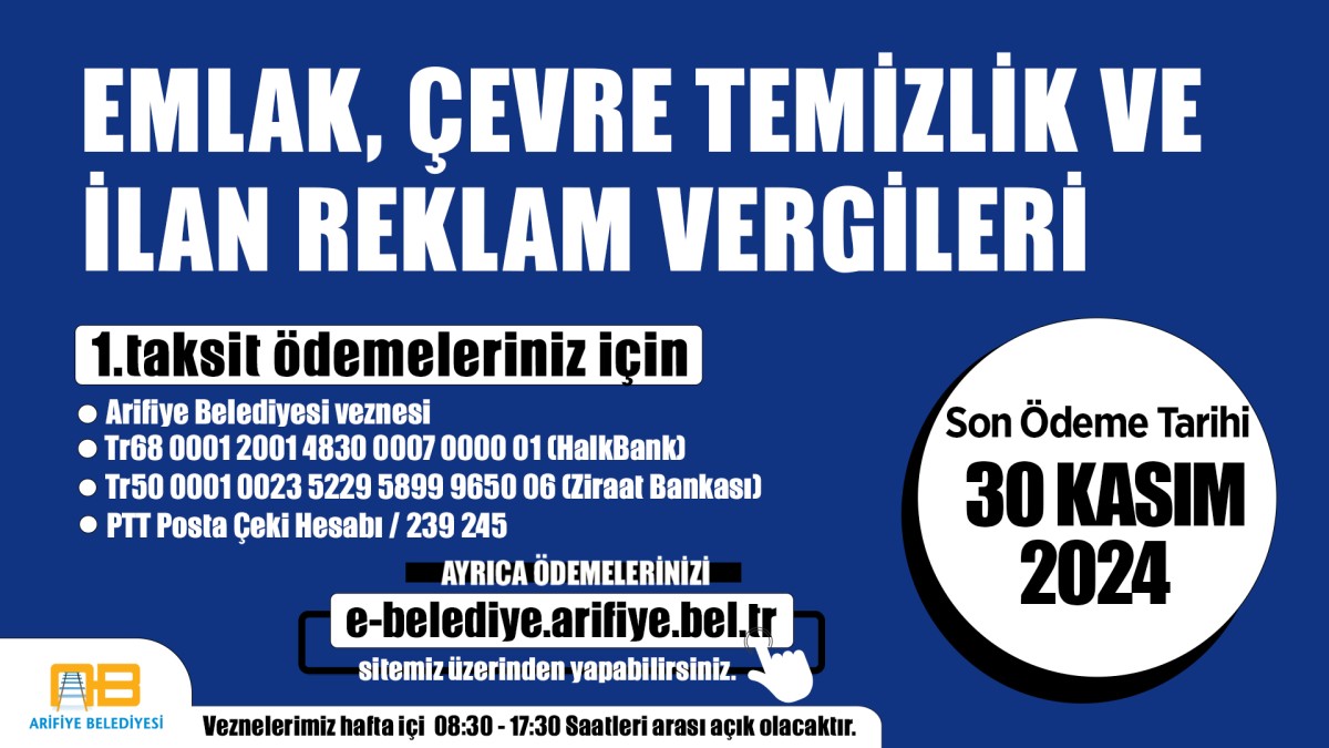 Arifiye Belediyesinden Vergi Hatırlatması. Son Tarih 30 Kasım 2024