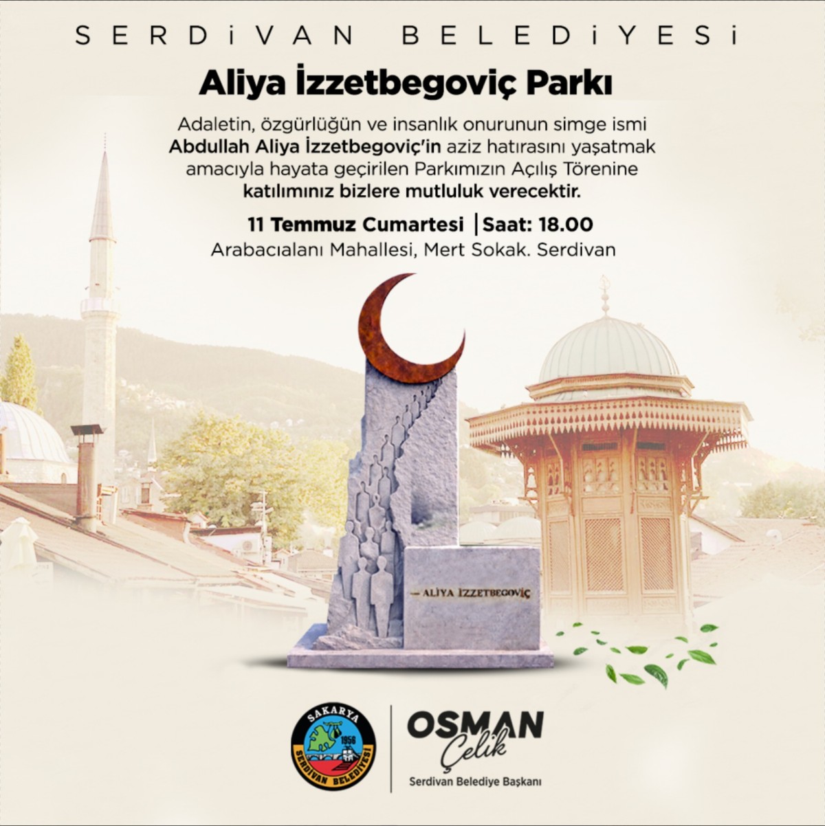 Serdivan'da Aliya İzzetbegoviç Parkı Hizmete Açılıyor